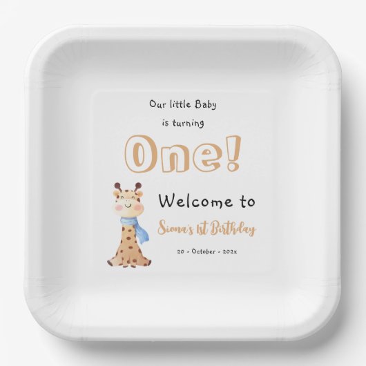 Unser Baby macht einen Niedlichen Giraffe 1. Gebur Pappteller (Vorderseite)