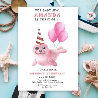 Unser Baby Siegel 1. Geburtstag Pink Girl Party Einladung
