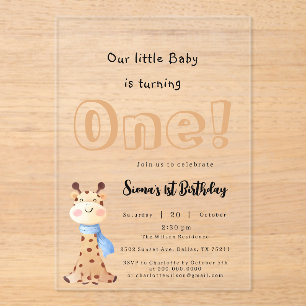 Unser Baby wird ein süßer Giraffe 1. Geburtstag Acryleinladungen