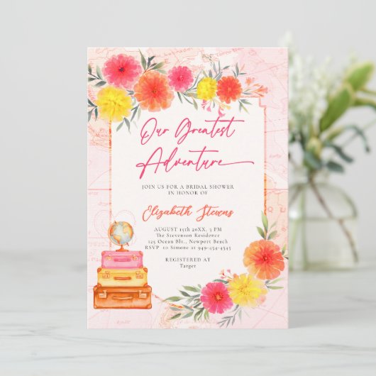 Unser Bestes Abenteuer Zinnia Bright Floral Bridal Einladung (Stehend Vorderseite)