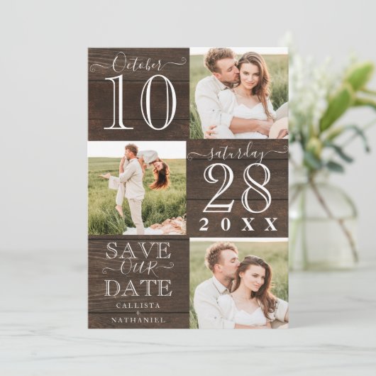 Unser Date Rustic Wood Monogram Foto gerettet Save The Date (Stehend Vorderseite)