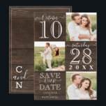 Unser Date Rustic Wood Monogram Foto gerettet Save The Date<br><div class="desc">Diese rustikale, moderne und einfache Wedding Save the Date-Karte ist perfekt für die zeitgenössische und trendige Veranstaltung. Das Design umfasst drei Fotos des hübschen Ehepaares, ein großes Date-Highlight und den Satz "Rett Our Date", abwechselnd in einer handgeschriebenen Unterschrift und einem einzigartigen Serif-Schriftart auf braunem rustikalem Stallholzhintergrund. Auf der Rückseite befindet...</div>