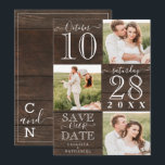 Unser Date Rustic Wood Monogram Foto gerettet Save The Date<br><div class="desc">Diese rustikale, moderne und einfache Wedding Save the Date-Karte ist perfekt für die zeitgenössische und trendige Veranstaltung. Das Design umfasst drei Fotos des hübschen Ehepaares, ein großes Date-Highlight und den Satz "Rett Our Date", abwechselnd in einer handgeschriebenen Unterschrift und einem einzigartigen Serif-Schriftart auf braunem rustikalem Stallholzhintergrund. Auf der Rückseite befindet...</div>