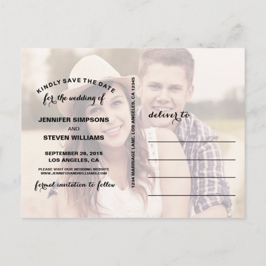 UNSER DATUM gerettet | SAVE THE DATE SCRIPT-ANKÜND Ankündigungspostkarte (Rückseite)