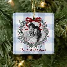 Unser erster Weihnachten Gingham-Kranz-Foto-Orname