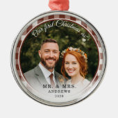 Unser erster Weihnachtsmann & Foto Brown Gingham Ornament Aus Metall (Vorne)