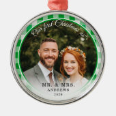 Unser erster Weihnachtsmann & Foto Green Gingham Ornament Aus Metall (Vorne)