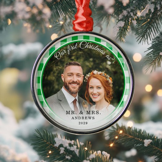 Unser erster Weihnachtsmann & Foto Green Gingham Ornament Aus Metall