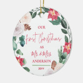 Unser Erster Weihnachtsmann & Mrs. Floral Wreath F Keramik Ornament (Links)