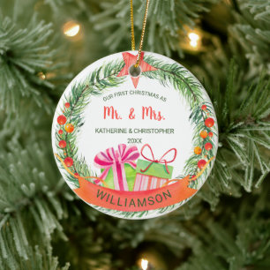 Unser Erster Weihnachtsmann & Mrs.   Hübscher Kran Keramik Ornament
