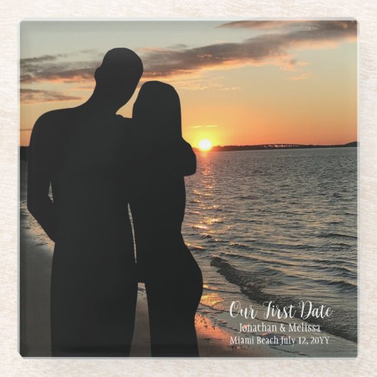 Unser erstes Datum, paarweise maßgeschneiderte Hoc Glasuntersetzer (Vorderseite)