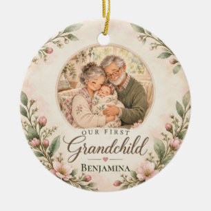 Unser erstes Enkelkind - Rosa florales Fotogeschen Keramik Ornament