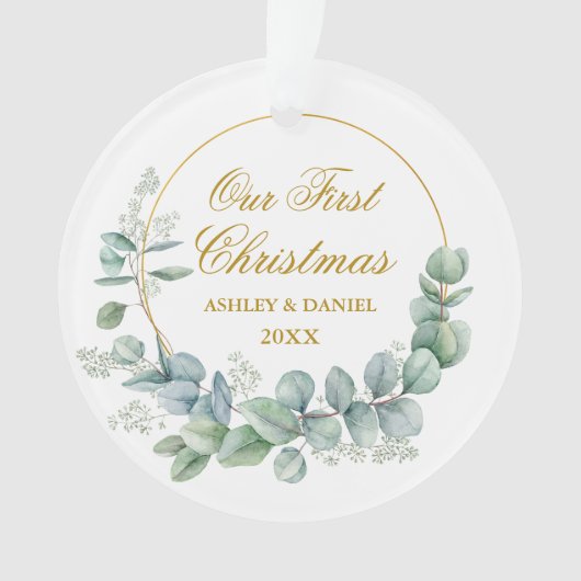 Unser erstes Eucalyptus-Weihnachten  Gold-FOTO Ornament (Vorderseite)