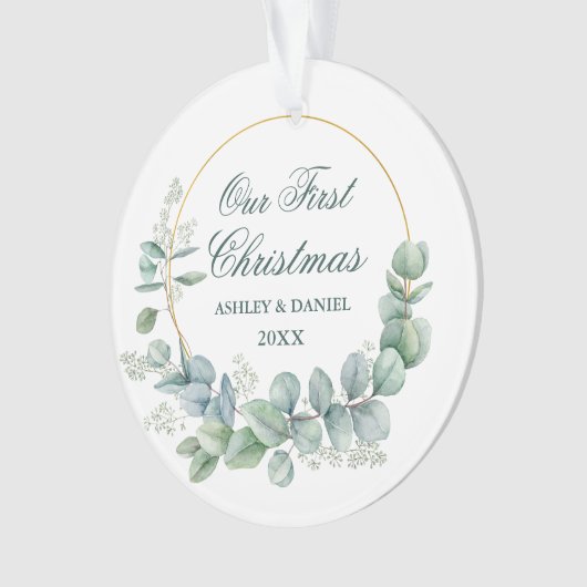 Unser erstes Eucalyptus-Weihnachten Grün Ornament (Vorderseite)