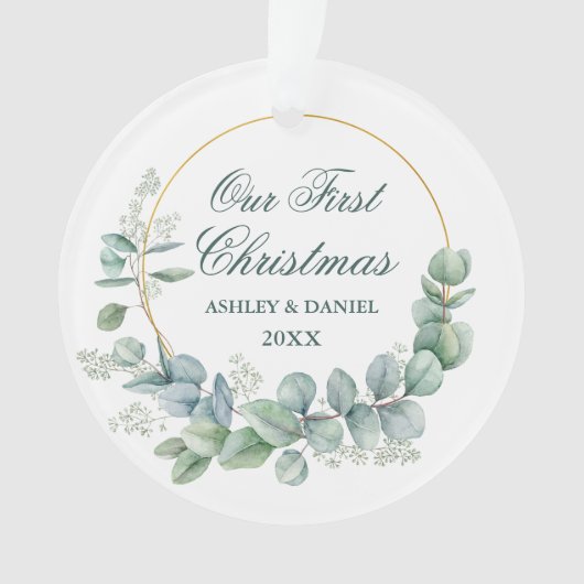 Unser erstes Eucalyptus-Weihnachten Grün Ornament (Vorderseite)