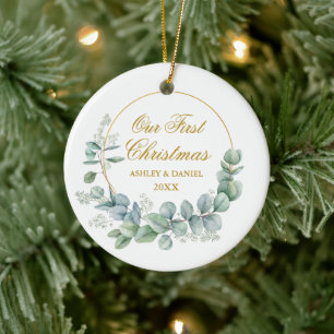 Unser erstes Eukalyptus-Weihnachtsfest Gold Keramik Ornament