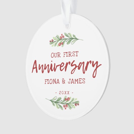 Unser erstes Jubiläum Brush Script Greenery Ornament (Vorderseite)