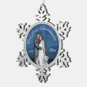 Unser erstes Personalisiertes Foto zu Weihnachten Schneeflocken Zinn-Ornament (Rechts)