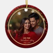 Unser erstes Valentine Foto RED Hearts Couple Keramik Ornament (Vorne)