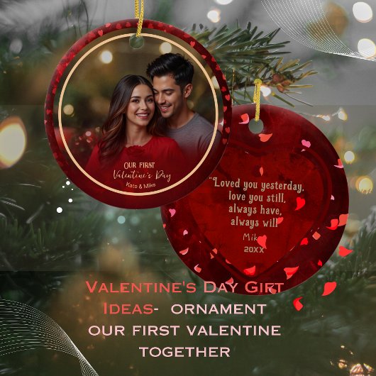 Unser erstes Valentine Foto RED Hearts Couple Keramik Ornament