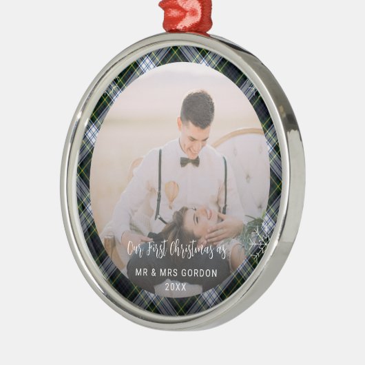 Unser erstes Verheiratetes Foto zu Weihnachten Kar Ornament Aus Metall (Links)