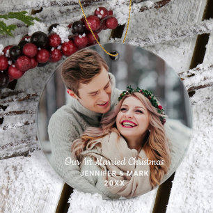 Unser erstes verheiratetes modernes Hochzeitsfoto Keramik Ornament