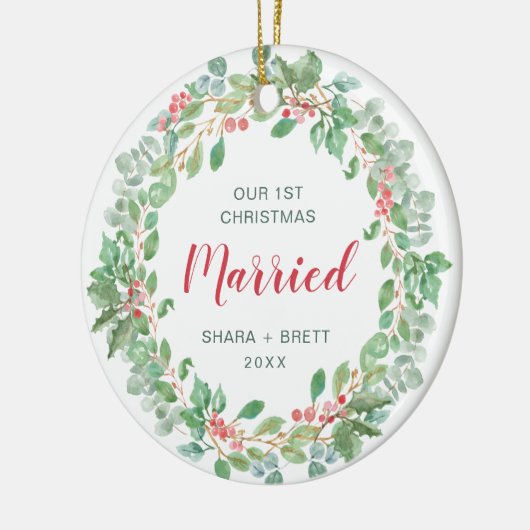 Unser erstes Verheiratetes Rotes Grünes Weihnachts Keramik Ornament (Links)