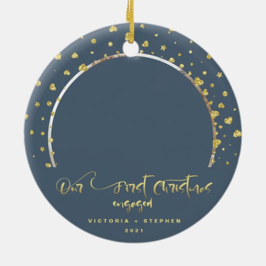 Unser erstes Verlobtes Foto Gold Confetti Keramik Ornament (Hinten)