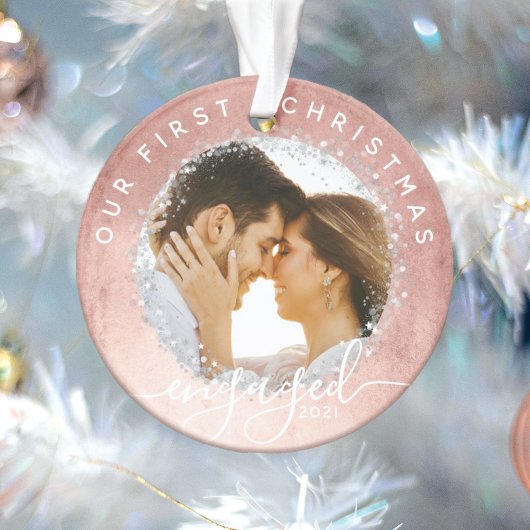 Unser erstes Verlobtes Script Rose Gold Foto Ornament