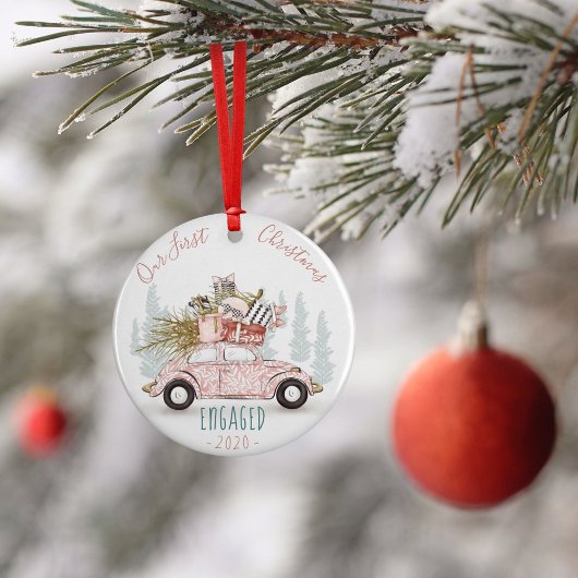 Unser erstes Verlobtes Weihnachtsauto Keramik Ornament
