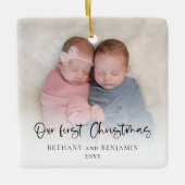 Unser erstes Weihnachten 2 Fotos Script Twin Baby Keramikornament (Vorderseite)