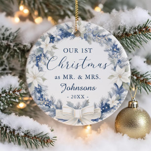 Unser erstes Weihnachten als Herr Frau Floralkranz Keramik Ornament