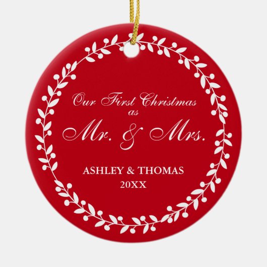 Unser erstes Weihnachten als Herr und Frau rundes Keramikornament (Vorne)