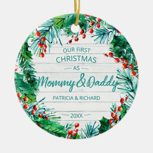 Unser erstes Weihnachten als Mommy & Daddy Rustic  Keramik Ornament (Vorne)