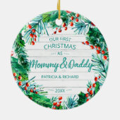 Unser erstes Weihnachten als Mommy & Daddy Rustic Keramik Ornament (Hinten)
