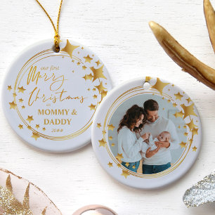 Unser erstes Weihnachten als Neue Baby-Foto-Gold Keramik Ornament