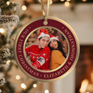Unser erstes Weihnachten Burgund und Faux Gold Fot Keramik Ornament