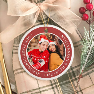 Unser erstes Weihnachten Einfache Paarfotos Rot Keramik Ornament