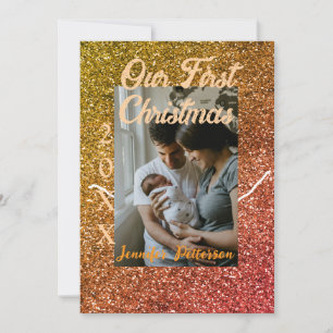 Unser erstes Weihnachten orange roter Glitter-Foto Einladung