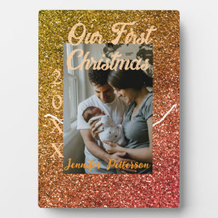 Unser erstes Weihnachten orange roter Glitter-Foto Fotoplatte