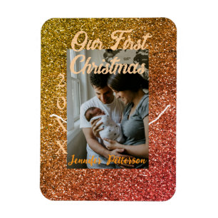 Unser erstes Weihnachten orange roter Glitter-Foto Magnet