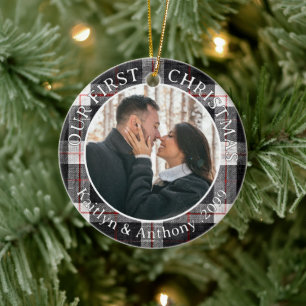 Unser erstes Weihnachten Paar 2 Fotos Kariert Keramik Ornament