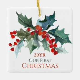 Unser erstes Weihnachten Stechpalme und Beeren mit Keramikornament