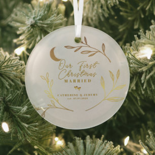 Unser erstes Weihnachten verheiratet Botanical Scr Ornament Aus Glas