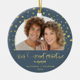 Unser erstes Weihnachten verlobt Foto Gold Konfett Keramik Ornament