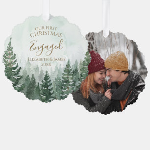 Unser erstes Weihnachten verlobt Foto Kiefernwald Ornament Karte