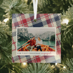 Unser erstes Weihnachten Verlobt Modernes Karierte Ornament Aus Glas