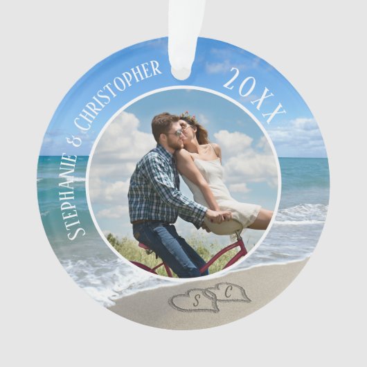 Unser erstes Weihnachts-Beach-Herz-Foto-Paar Ornament (Vorderseite)