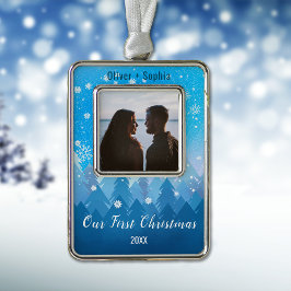 Unser erstes Weihnachts-Blue Snowy Wintery-Thema Rahmen-Ornament Silber