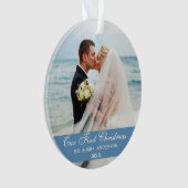 Unser erstes Weihnachts-Blue-Wedding-Foto Ornament (Vorderseite)